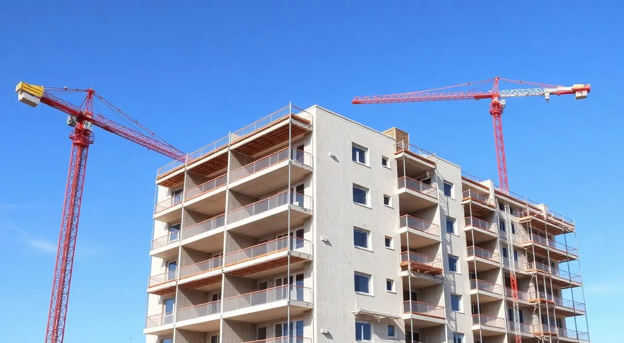 Modern apartment under construction in Portugal with tower cranes against a blue sky