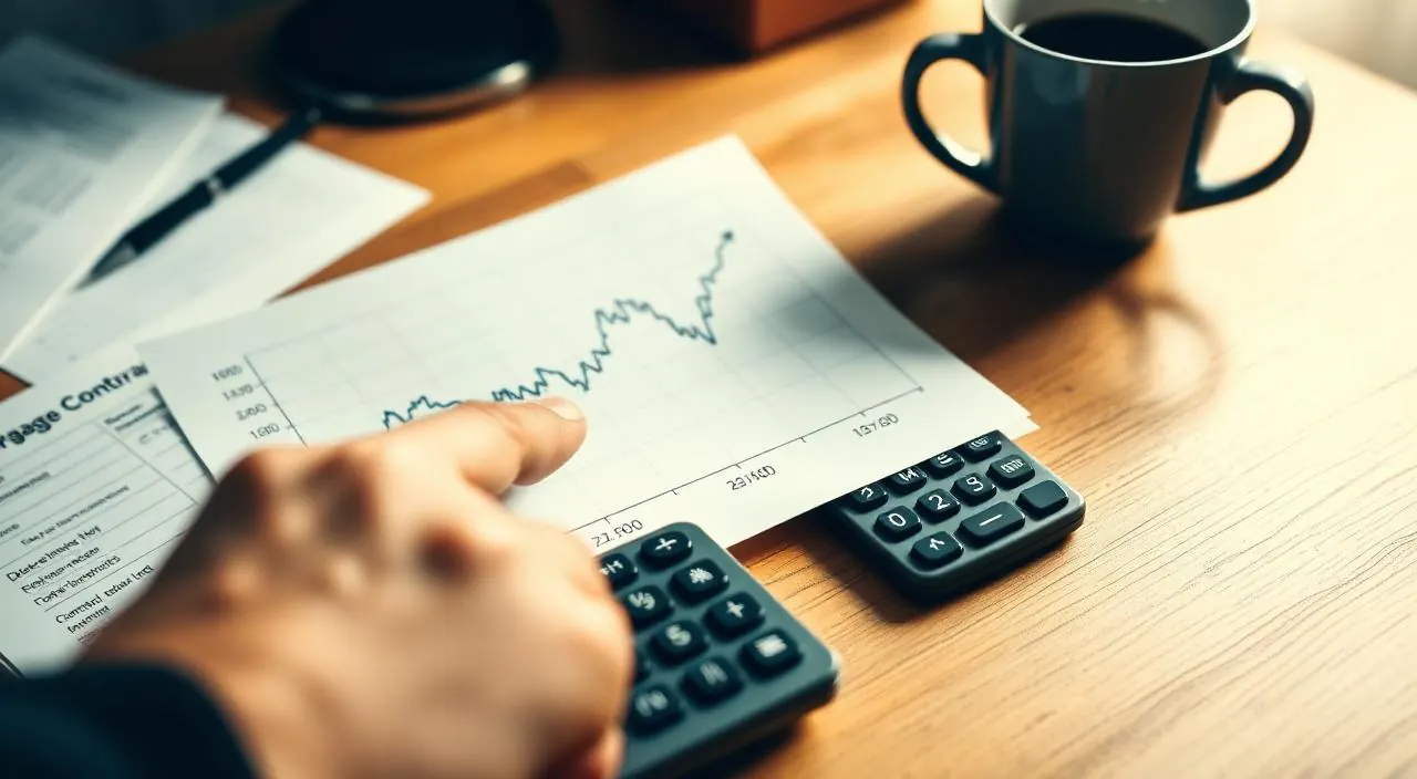 Hand reviewing an interest rate chart next to a Portuguese mortgage contract and calculator