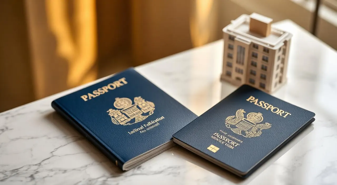 Navy blue passport on a marble surface next to a miniature apartment building model