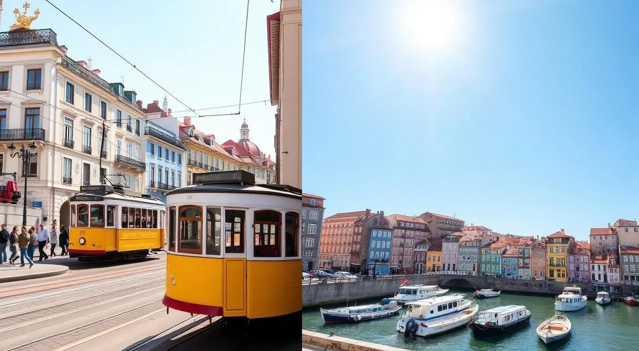 Side-by-side view of Lisbon's yellow tram and Porto's colorful Ribeira riverside