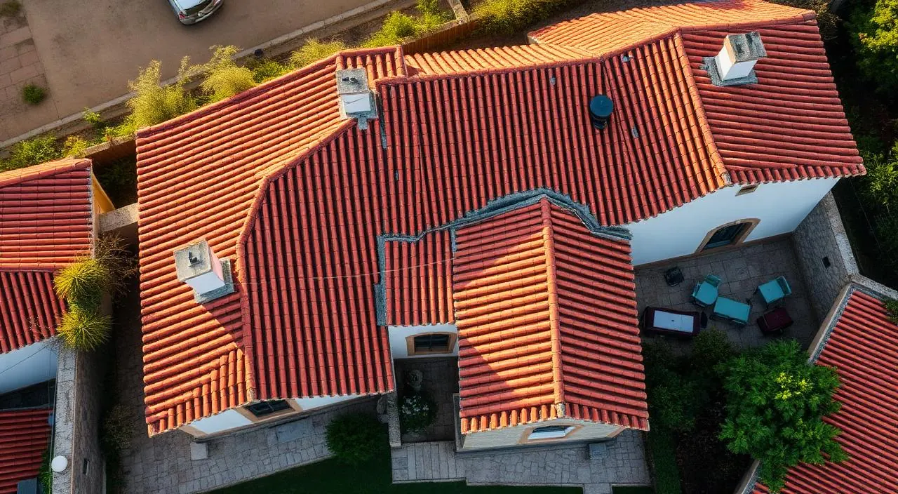 Aerial view of a traditional Portuguese house with terracotta roof tiles and small garden