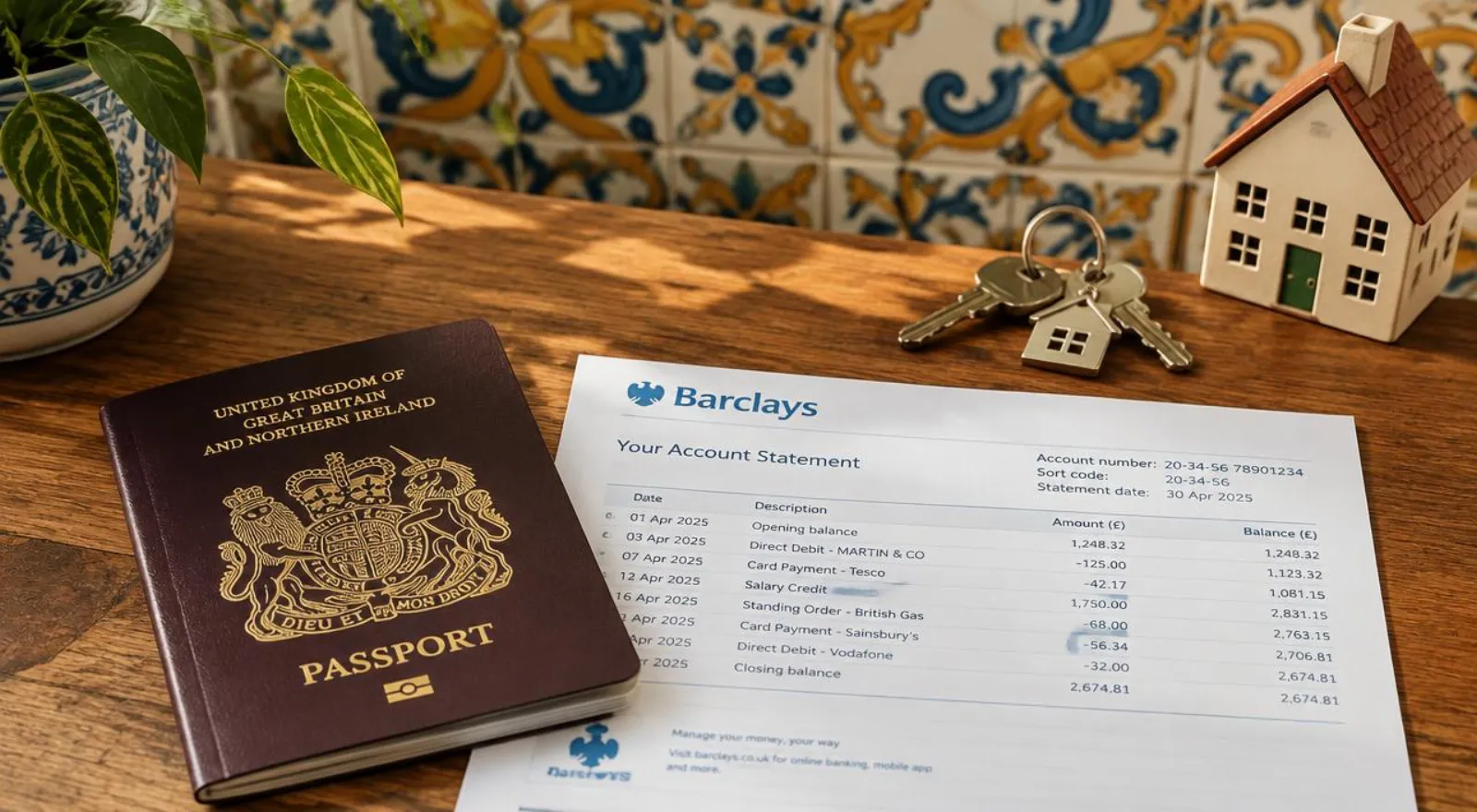 Passport, bank statement and house keys on a table in front of Portuguese tiles