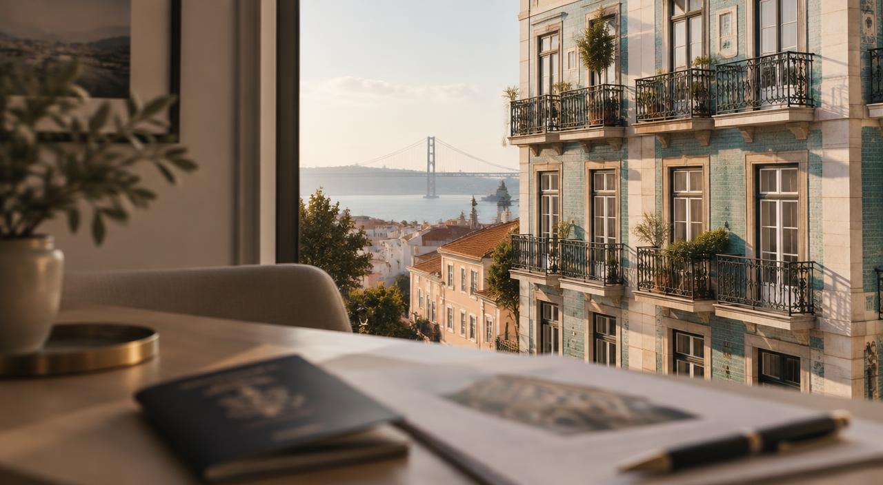 Lisbon apartment building seen from a desk with a passport and property documents