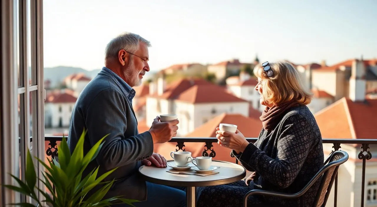 Retired couple sipping coffee on a Lisbon balcony overlooking terracotta rooftops