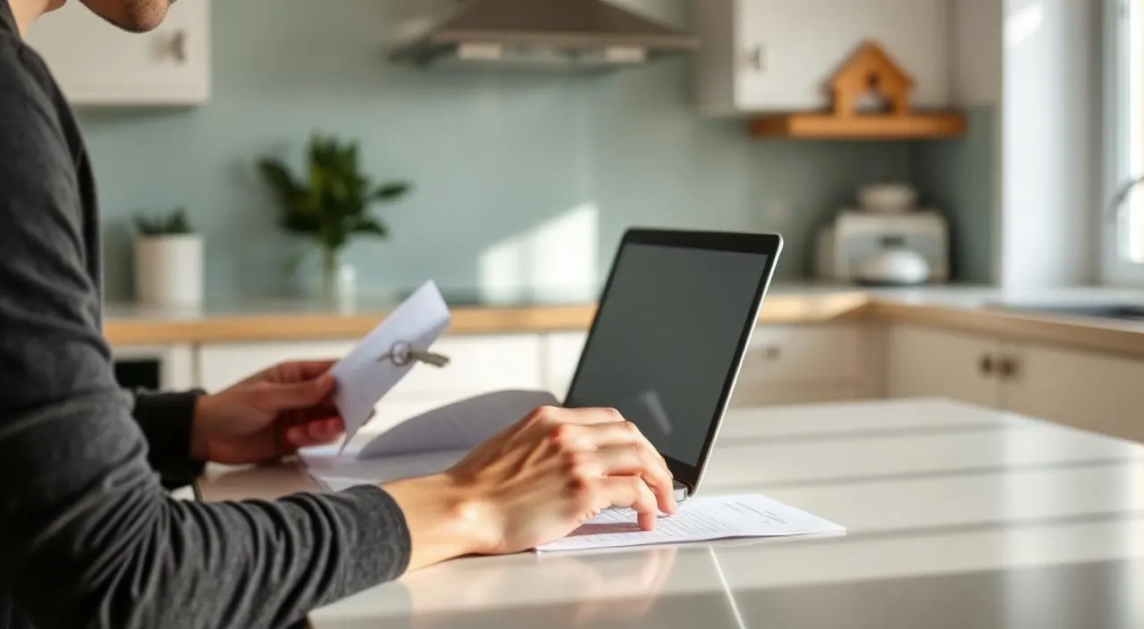 Homeowner reviewing mortgage refinancing options on a laptop at a bright Portuguese kitchen counter