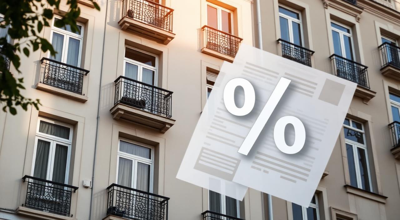 Residential building in Lisbon overlaid with a financial document and a percentage symbol