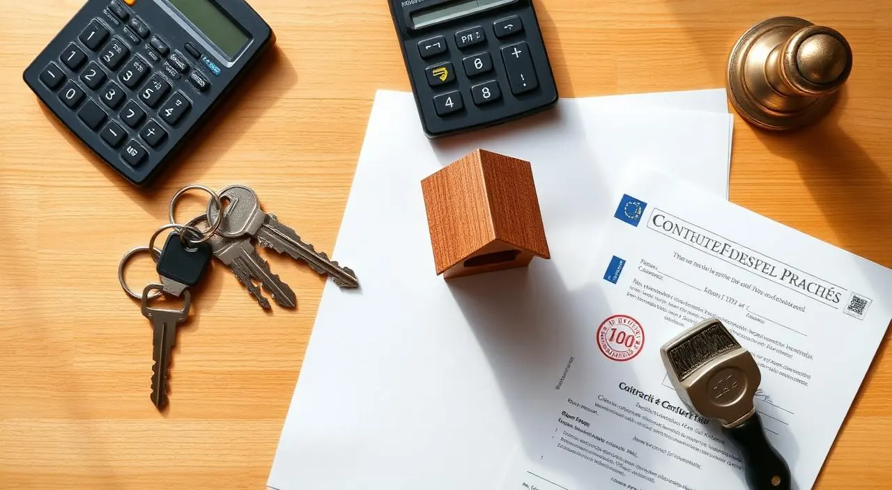 Top-down view of house keys, calculator, euro banknotes and a property purchase contract on a wooden desk